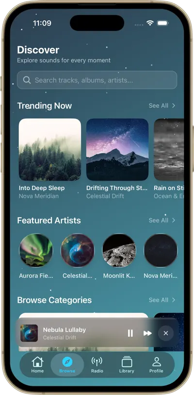 Calming Galaxy discover screen with calm categories