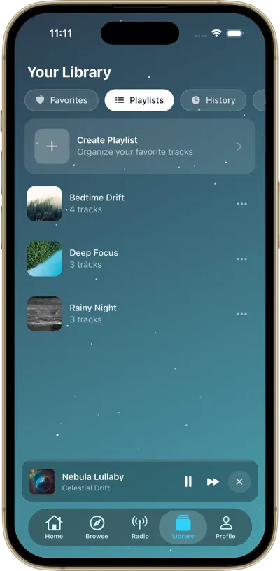 Calming Galaxy library with playlists and downloads