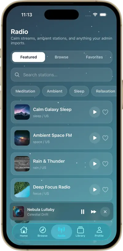 Calming Galaxy live radio stations screen